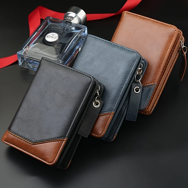 2024 New Men's PU Leather Short Wallet With Zipper Coin Pocket Vintage Big Capacity Male Short Money Purse Card Holder 4
