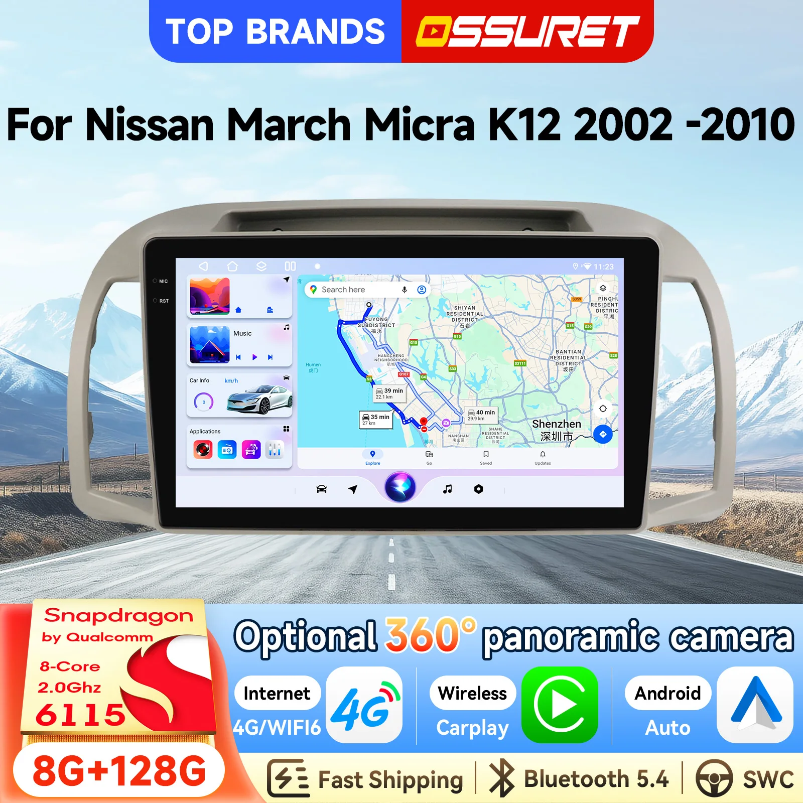 OSSURET Gran Oferta Radio de Coche 2 Din de 9 Pulgadas con Navegación GPS Android 14 para Nissan March Micra K12 2002-2010, Unidad Principal con Snapdragon 6115, CarPlay, Android Auto, SWC, Octa Core, DSP, 4G LTE, Wifi, Bluetooth, Reproductor de Audio y Video, Opcional 360 °   Reproductor Multimedia para Auto con Cámara 1