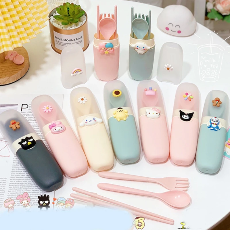 

Sanrio Kawaii Hello Kitty столовая посуда Kuromi My Melody Студенческая мультяшная портативная вилка ложка палочки посуда набор из четырех предметов