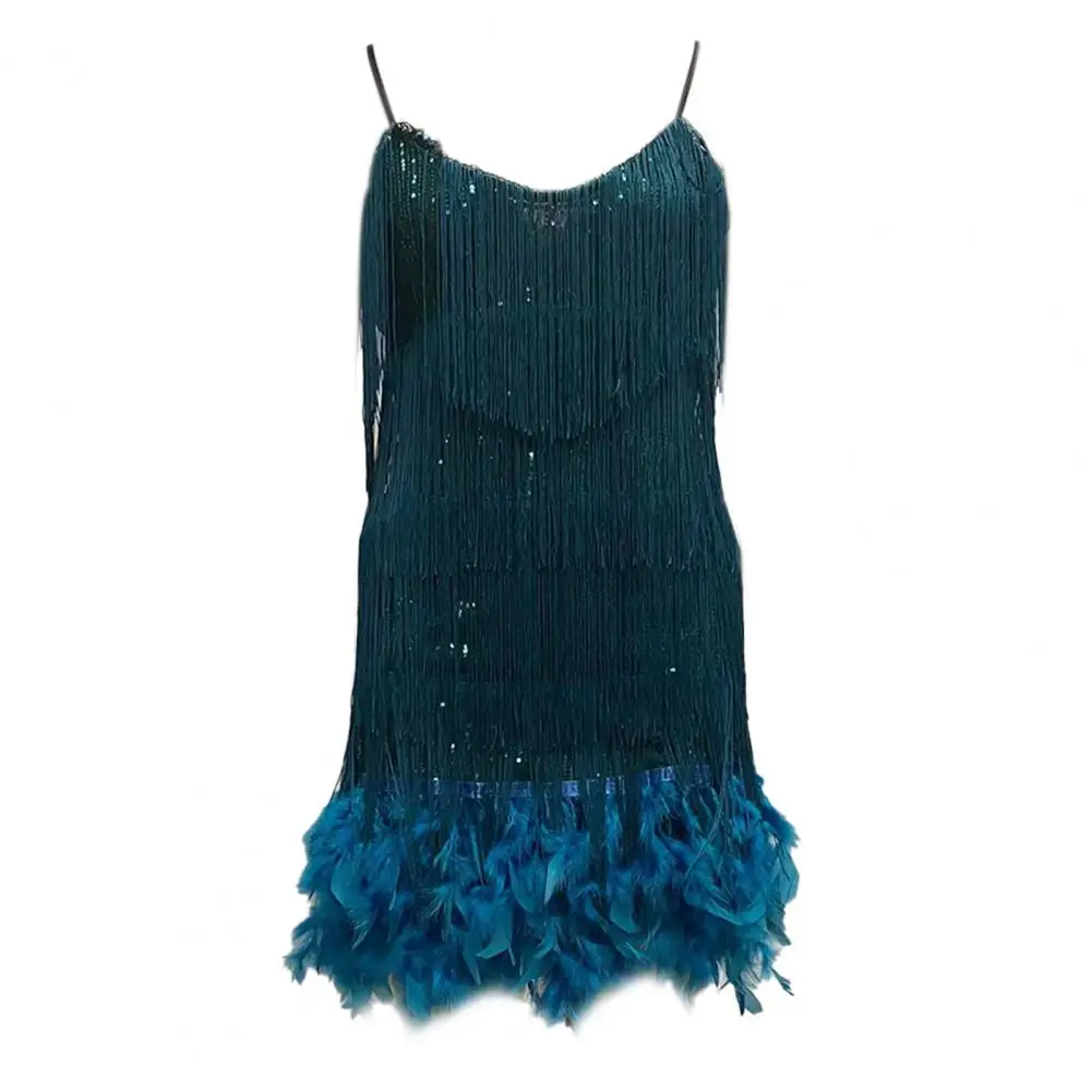

Solid Color Women Dress Sequin Tassel V Neck Party Dress with Feather Decor for Women Backless Rumba Cha-cha Dance Costume Mini
