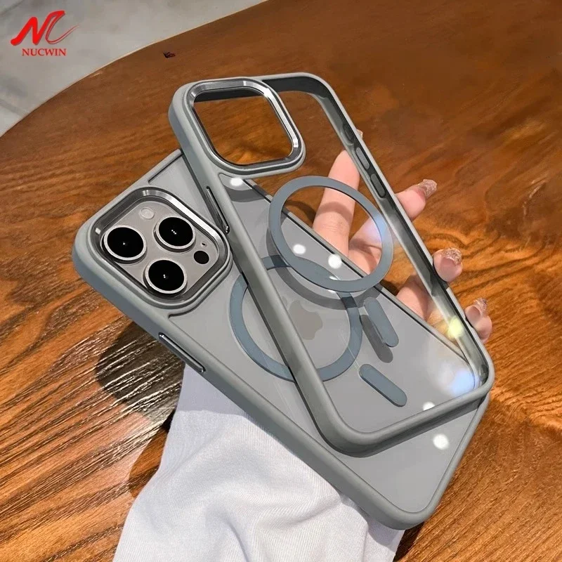 Custodia Magsafe Grigio Titanio Trasparente Per Iphone 15 Pro Max Plus Cover Posteriore In Metallo Acrilico Per Iphone 11 12 13 14 Pro Max
