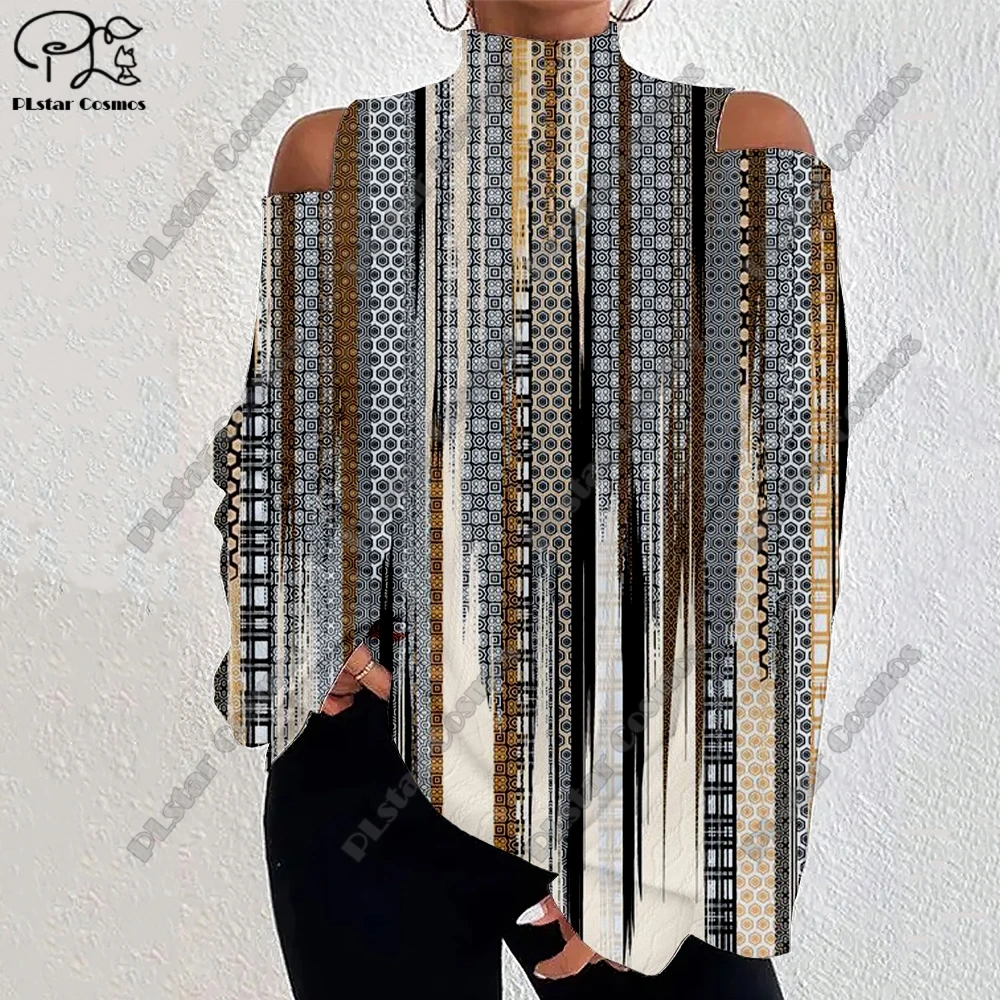 Женский клетчатый контрастный рукав-фонарик с открытыми плечами и длинным рукавом