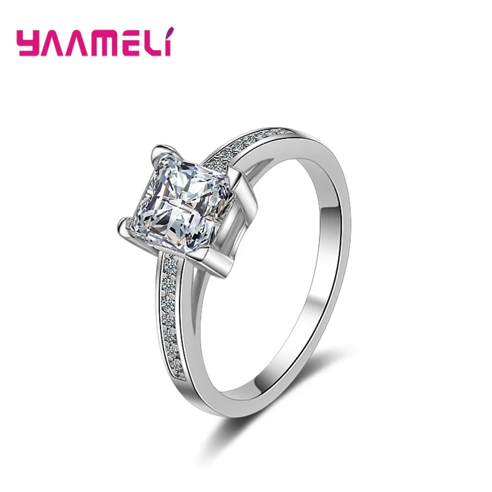 New Fashion 925 Sterling Silver Band Rings for Women 9 Colors Size Shiny Square Cubic Zirconia Crystal Inlaid