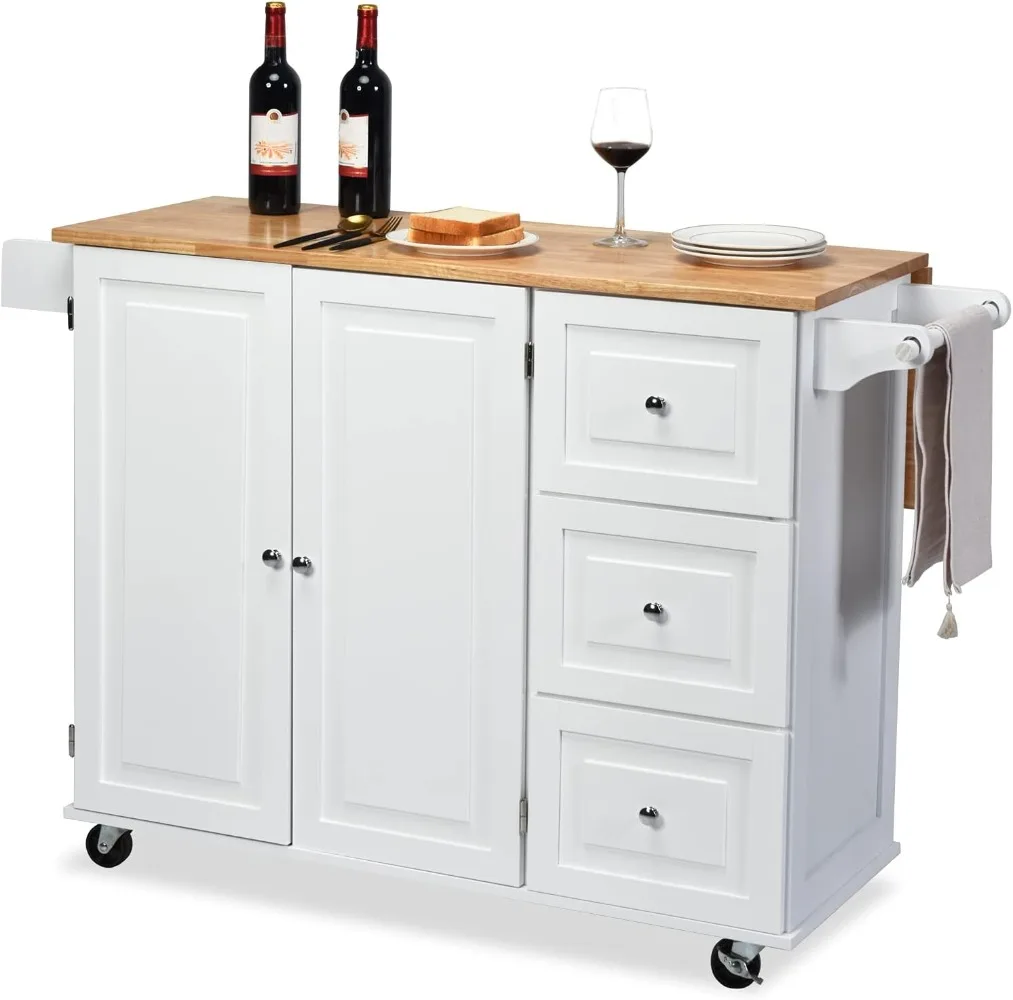 Kitchen Island Cart on Wheels Rolling Kitchen Island with Drop Leaf Top Trolley Cart with Drawers Towel Rack Bottle Rack