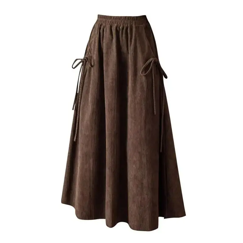 Women's Clothing Vintage Elastic High Waist Solid Skirt Autumn Winter All-match Casual Lace Up Spliced A-Line Skirts for Female