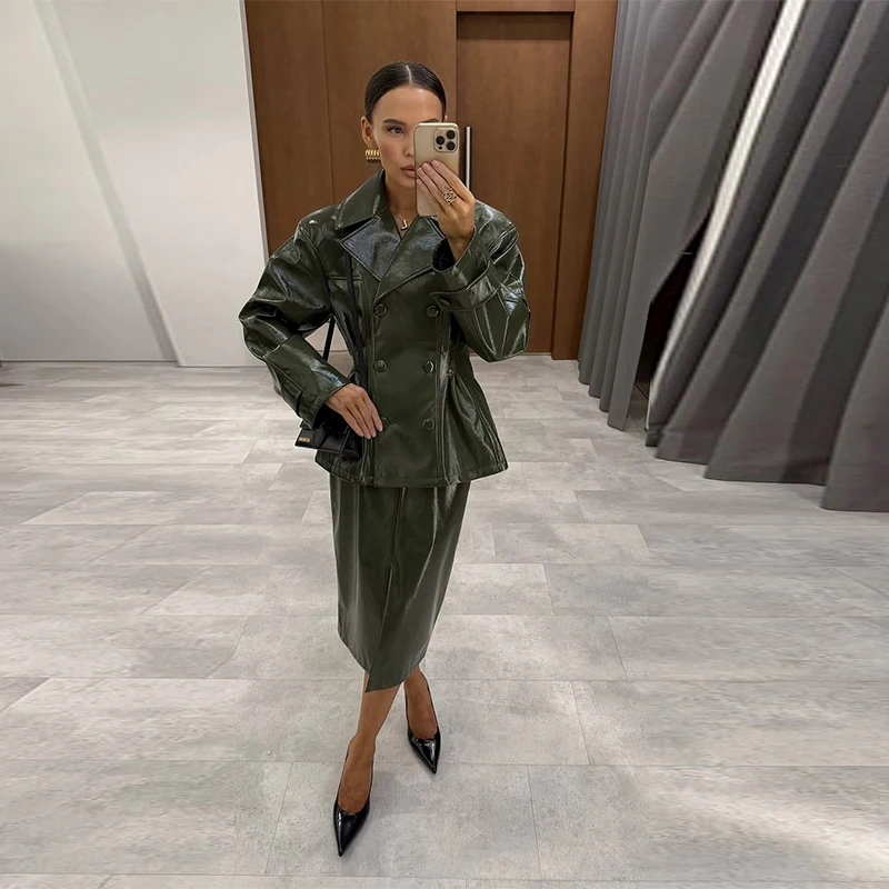 Leather Coat Skirt Women's Set Lapel Double Breasted Slim Coats Hip Package Skirts Female Sets 2025 Autumn Fashion Lady Suits
