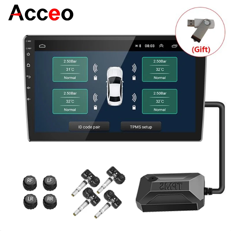 ACCEO Android TPMS for Car Radio DVD Player Car Tire Pressure Monitoring System Smart USB TMPS Tyre Pressure Temperature Warning