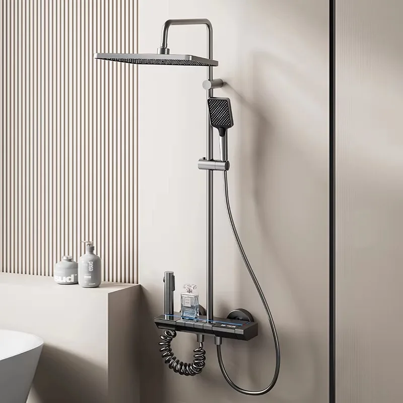 4 Functions Gun Grey Piano Light Emitting Diode Display Brass Material Bathroom Faucet Soft Jet Massage Shower System 2
