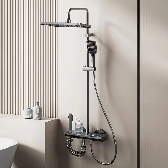 4 Functions Gun Grey Piano Light Emitting Diode Display Brass Material Bathroom Faucet Soft Jet Massage Shower System 2