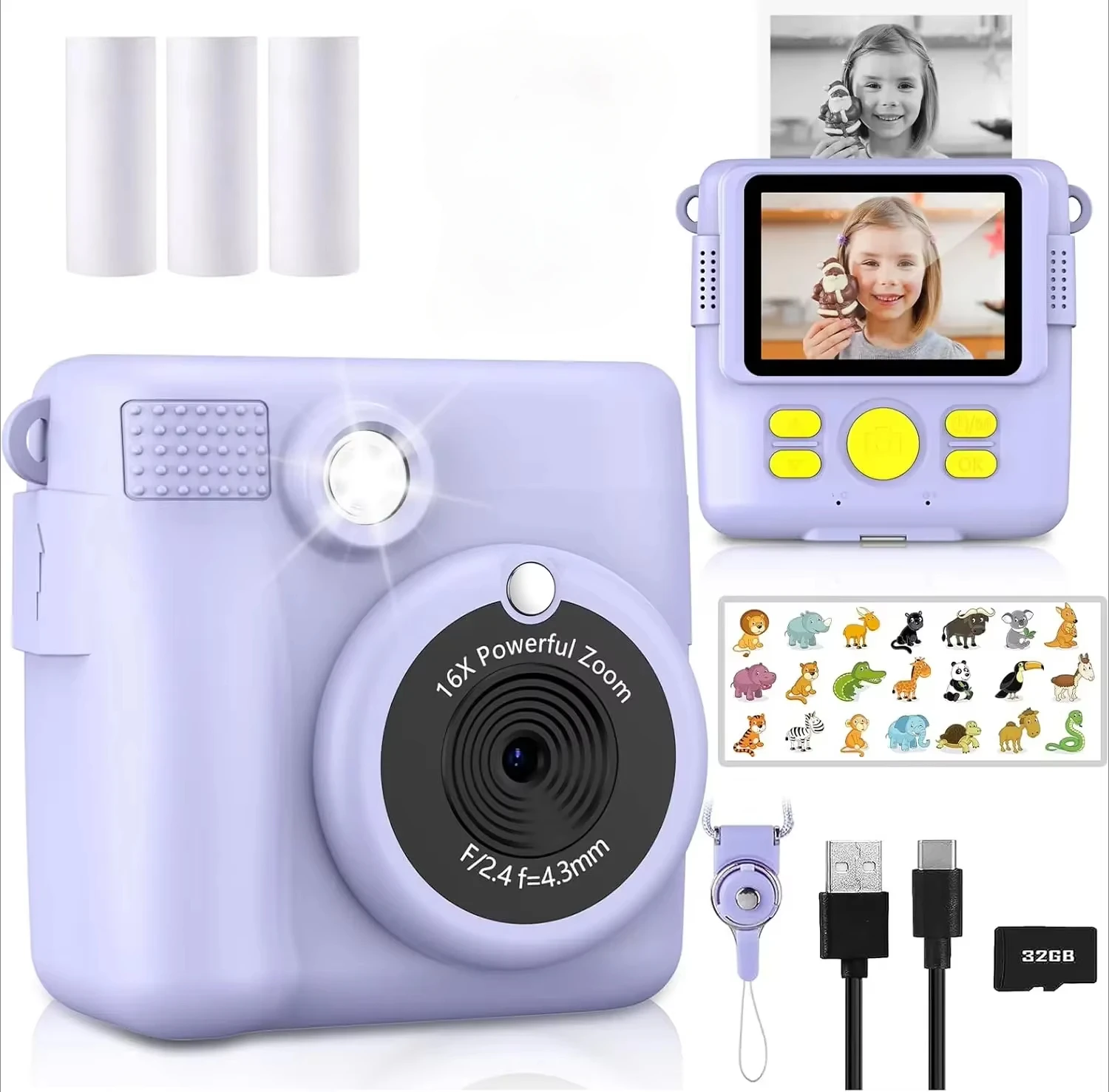 IAURA Portable Children's Toy Camera with Full-HD 1080P Video Recording and Instant Printing Function