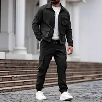 Printemps et automne hommes à la mode nouveau style de vêtements de travail sportifs couleur unie multi-poches conception à manches longues ensemble de pantalons longs 1