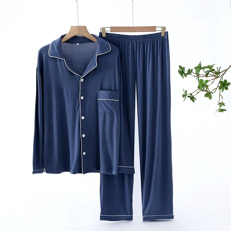 Trouser Pajamas Sets Men Spring Autumn Long Sleeve Modal Thin Plus-Sized Homewear Suit Solid Colors Pyjama Men Sets pajamas set man pajamas set