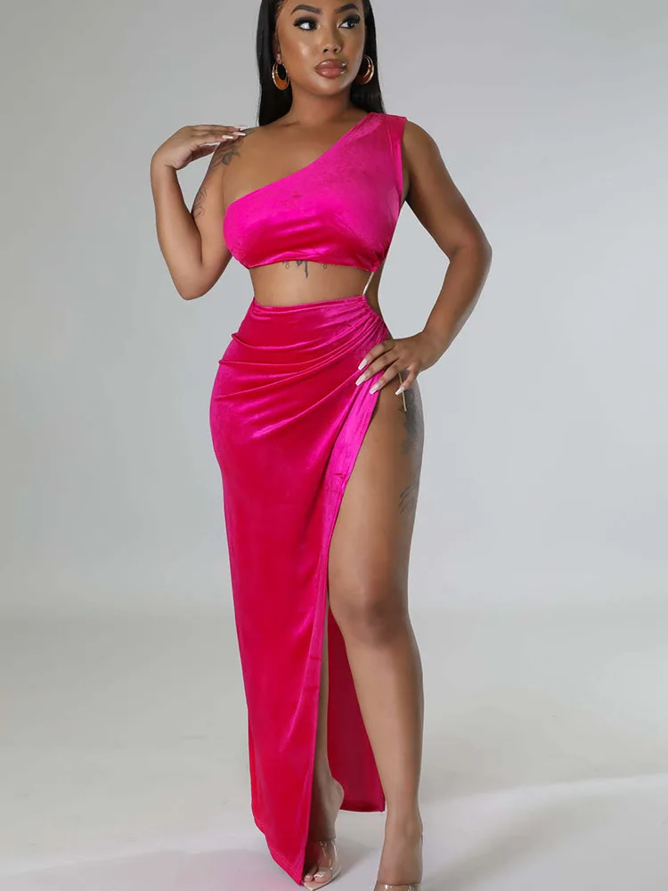 Sexy Velvet High Split Maxi Dress Women Evening Party One Shoulder Cut Out Birthday Dress Clubwear Midnight Long Dresses Vestido