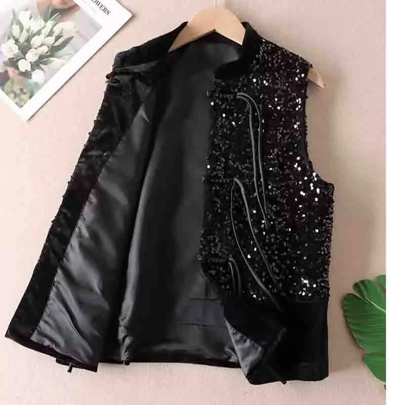 Chinese Style Sequined Vest Jacket Velvet Shining Autumn Premium Sleeveless Coat Women 2024 Shoulder Jacket Black XXL Fashion