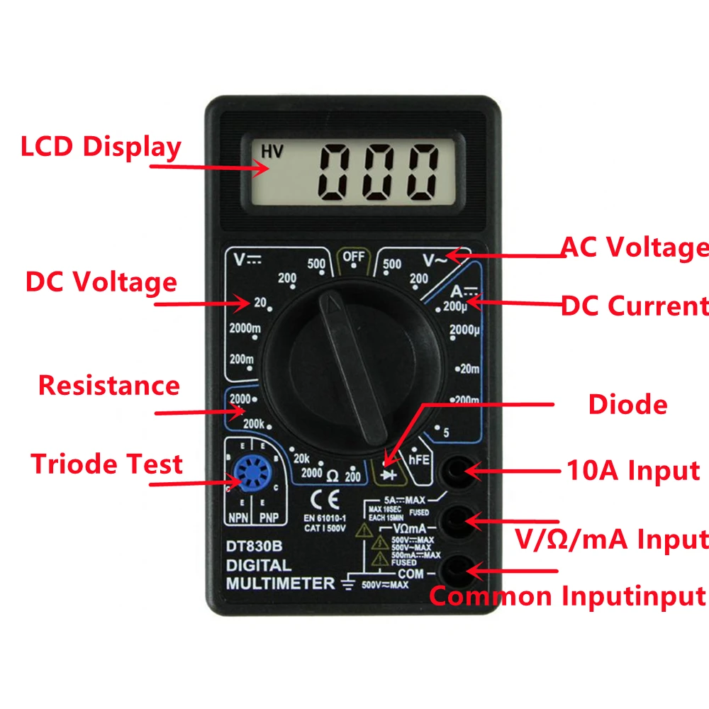 LCD Digital Multimeter DT-830B Mini Handheld Multimeter for Voltmeter Ammeter AC/DC 750/1000V Ohm Tester Meter With Probe 4