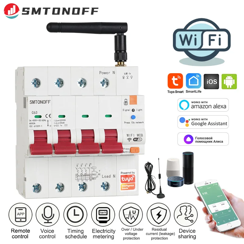 

Tuya Smart WiFi RS485 4p RCBO Breaker Prepaid Meter Timer Switch Voltage Current Protector Voice Control Alexa Google Alice