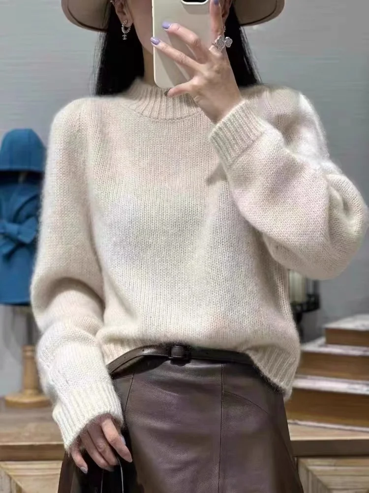 

Autumn Winter New Women's Round Neck Jumper 100% Merino Wool Knitted Sweater Loose Casual Large Tops Fashion Korean Thickened