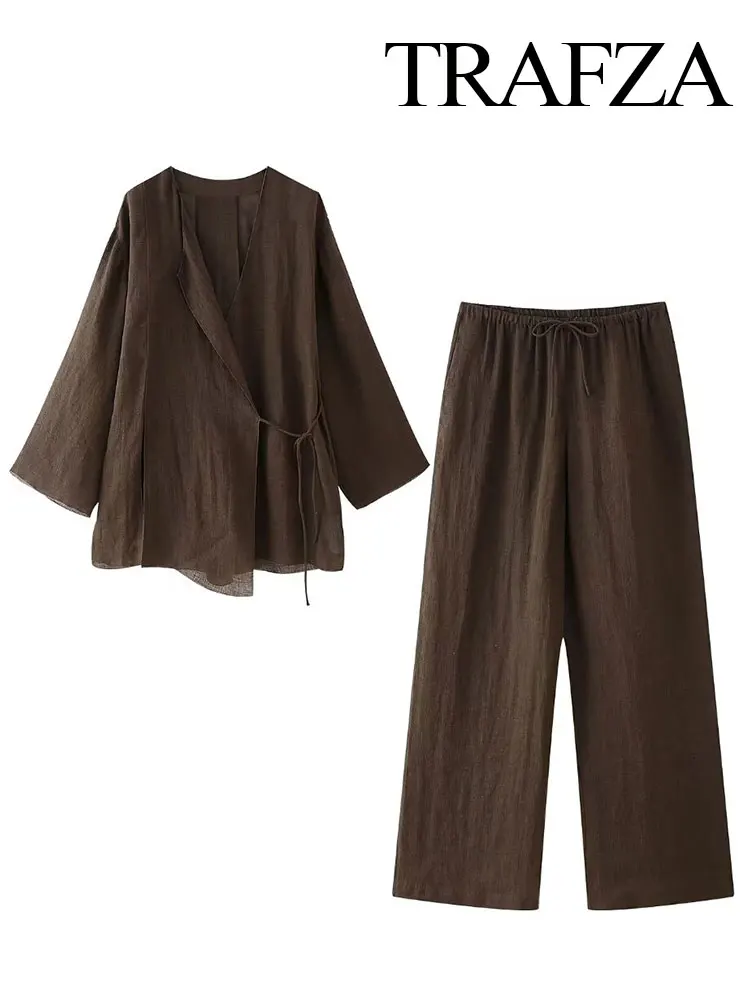 TRAFZA Women's Summer Fashion Linen Solid Color Shirt Set Belted Cardigan Kimono Top + High Waist Women's Pleated Pants 2-piece 5