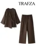 TRAFZA Women's Summer Fashion Linen Solid Color Shirt Set Belted Cardigan Kimono Top + High Waist Women's Pleated Pants 2-piece 5