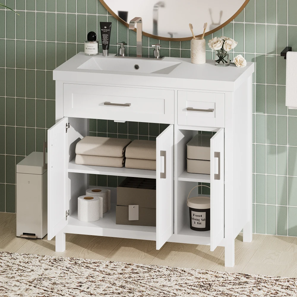 36" Black Bathroom Vanity Cabinet with Resin Integrated Sink - 2 Drawers, 3 Doors 6
