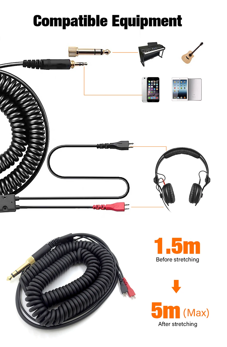 Spring Relief Coiled Headphone Cable For Sennheiser HD25 HD25-1 II HD25-C HD25-13 HD 25 250 450 560 HD600 HD650 Replacement Cord