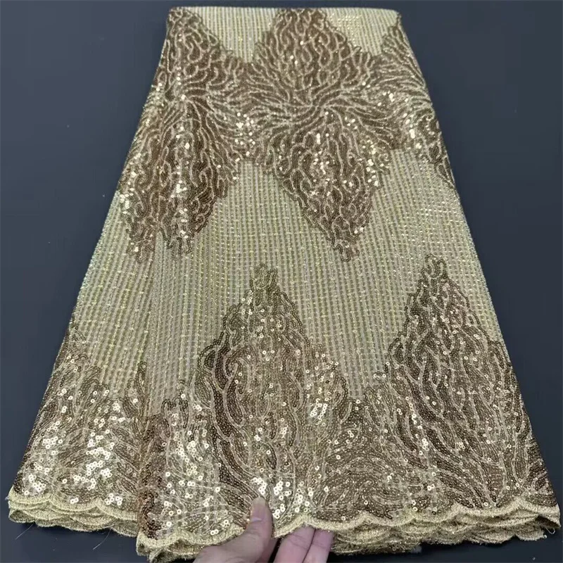 

African Tulle Lace Fabrics for Women, French and Nigerian Net Mesh Lace Material, Wedding Sew, Sequin Gold, 5Yards, 2024