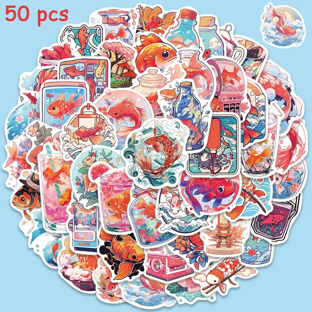 50pcs Cartoon Goldfish Stickers Cute Fish Decals For Kids Laptop Scrapbook Luggage Skateboard  Vinyl Waterproof Stickers