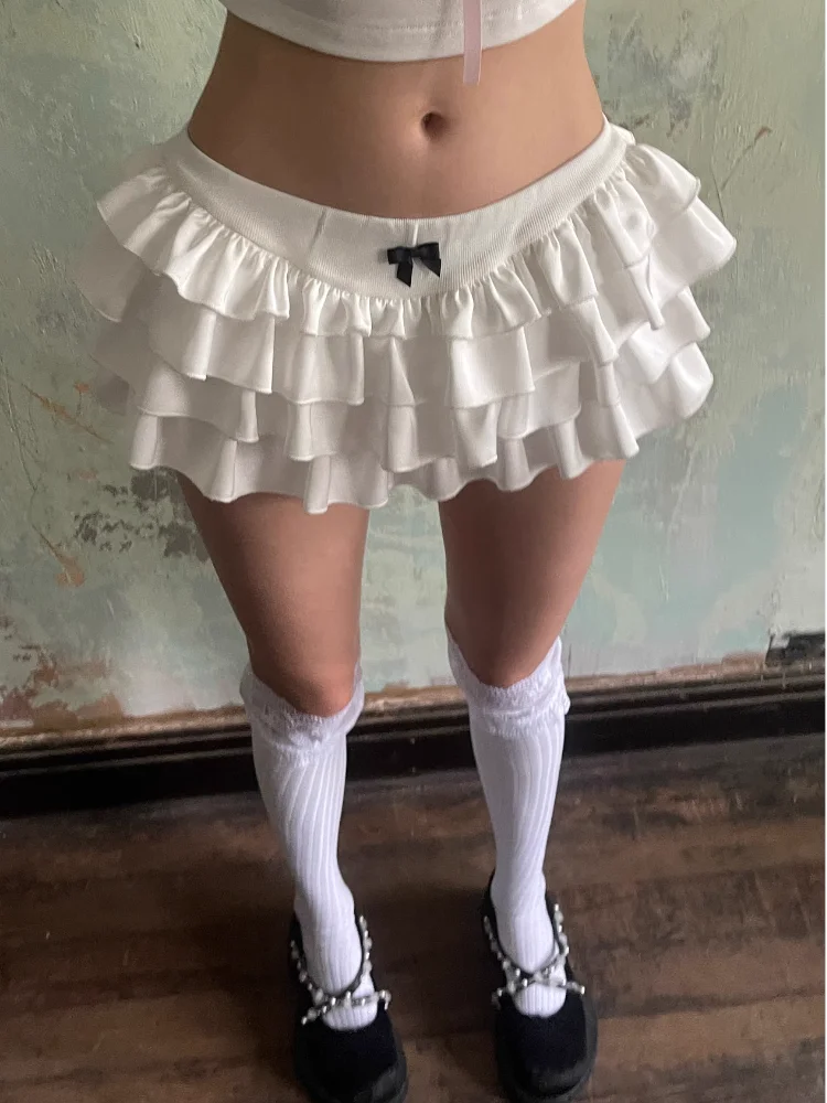 Y2k Kawaii Cute Cake Ruffles White Mini Skirt Women Bow Slim Skirt Elastic Waist Summer A-line Skirt Going Out Party Streetwear 5