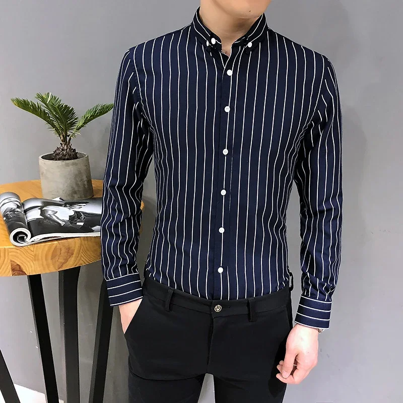 

YASUGUOJI New 2022 Men's Business Casual Slim Fit Long Sleeve Shirts Vertical Striped Shirts for Men Formal Polyester Shirt Men