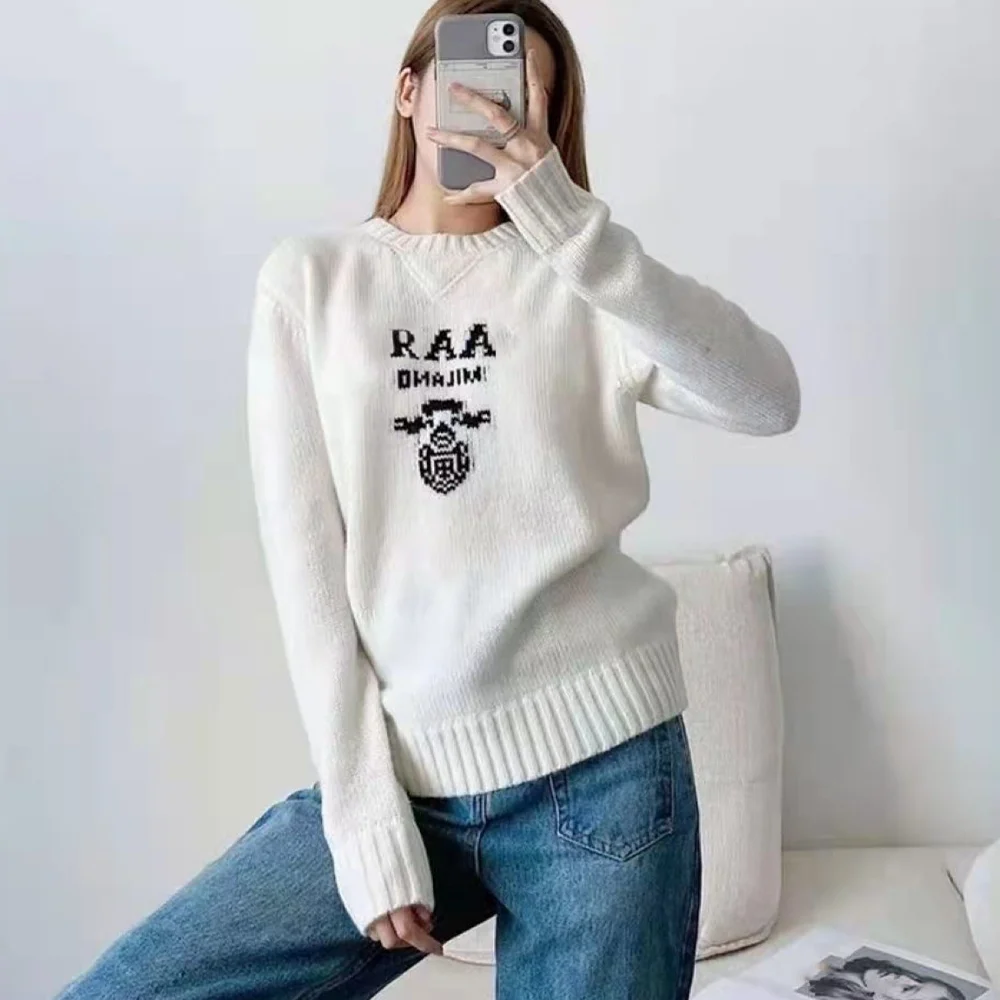 

Women Sweater For Autumn Winter Loose Fit O-neck Outerwear Small Design Letter Round Neck Knitted Long Sleeves Sweater Clothing