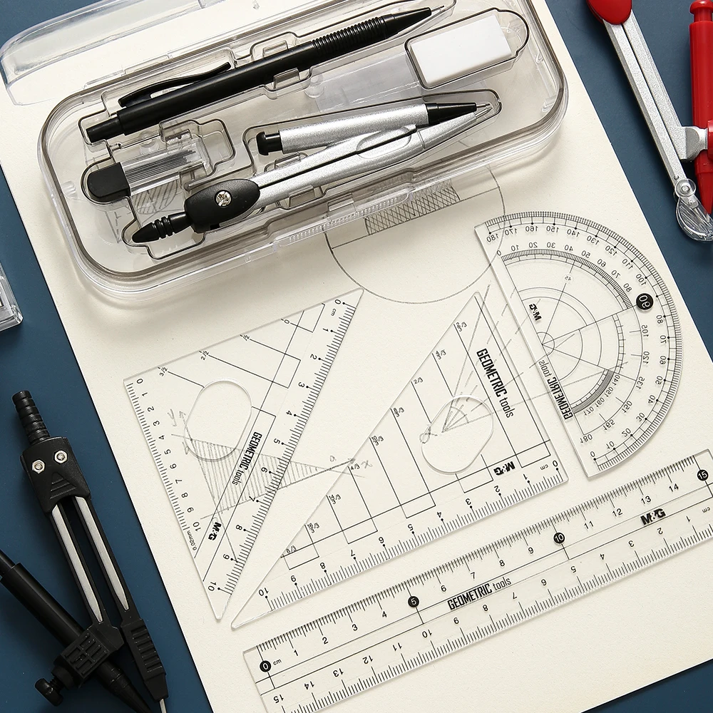 Drafting Set Mathematical Rulers Set Drawing Tool Set M&G Compass Set Ruler Measurement Set Learning Professional Multifunctional Drawing Tool Ruler and 8 pcs ACS90867