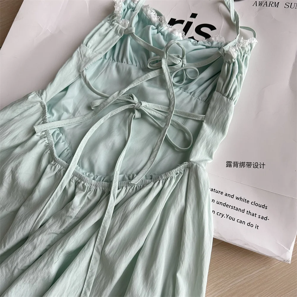 Summer New Spaghetti Strap Backless Midi Dresses for Women Lace-up Sleeveless Beach Style Korean Fashion One Piece Vestido Mujer