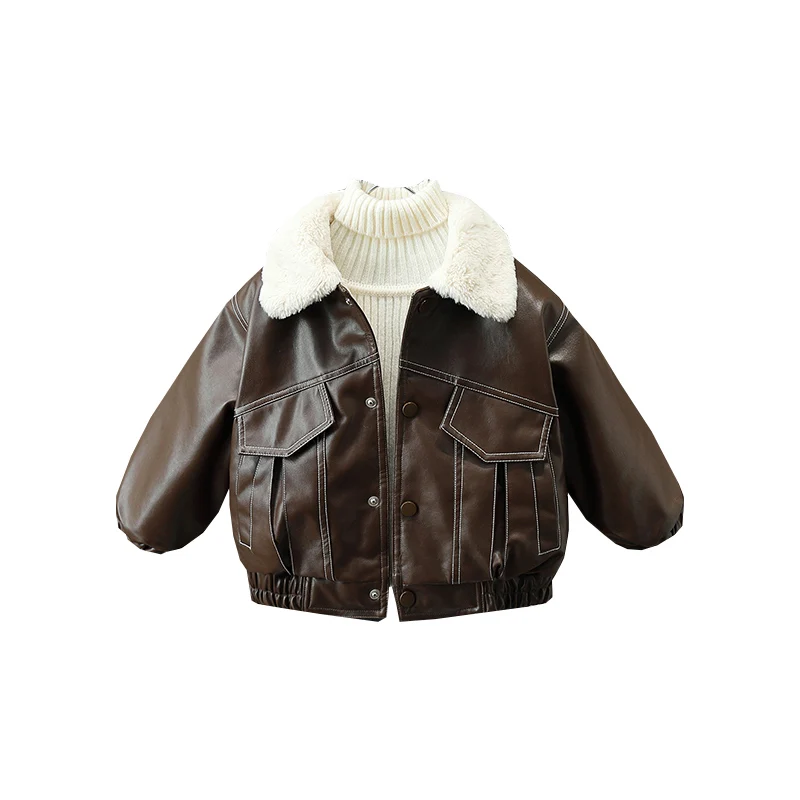Fashion Boys Leather Jacket Winter Thicken Warm Turn Down Collar Outerwear Children Handsome Fleece Lining Loose Fur Coat