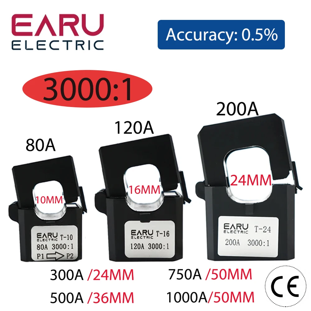 3000/1 Micro Split Core Current Transformer Sensor AC Open Type CT 80A 120A 200A 300A 500A 750A