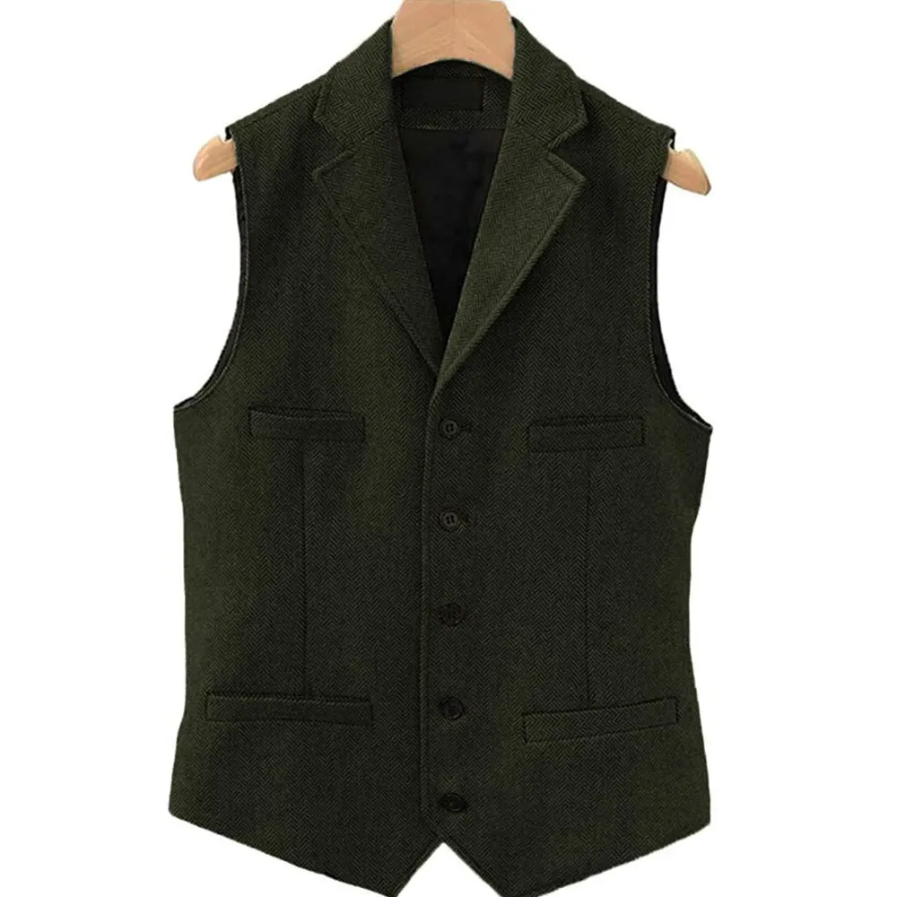 Tweed Herringbone Mens Suit Vest Slim Fit Notch Lapel With 4 Pockets Groomsmen Wedding Waistcoat For Wedding 3