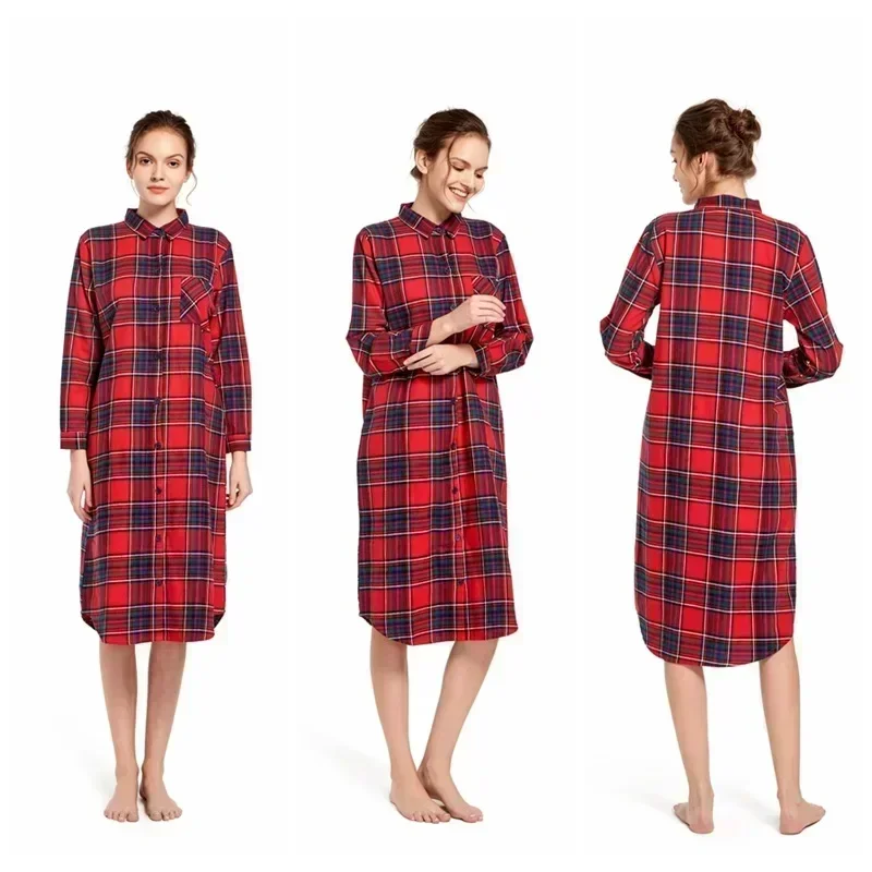 Women Nightdress Long Sleeve Sleeping Shirt Plaid Multi Colors Plus Size Cardigan