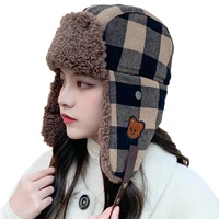 Pilot Winter Hat Outdoor Ski Russian Hat For Women's Ushanka Warm Trapper Cap Plaid Bomber Men Hat Cashmere Design Earflap Cap 1