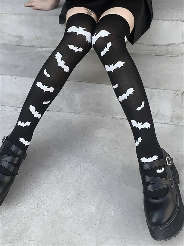 

Vintage Gothic Skinny Black Long Socks Harajuku Streetwear Bat Print Stockings Women Halloween Thigh High Socks Party Stockings