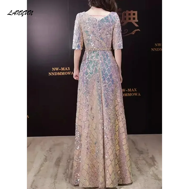 Sequined Square Collar Evening dresses Women Wedding Party Fit Temperament Half Sleeve Prom Vestidos Slim cocktail Banquet