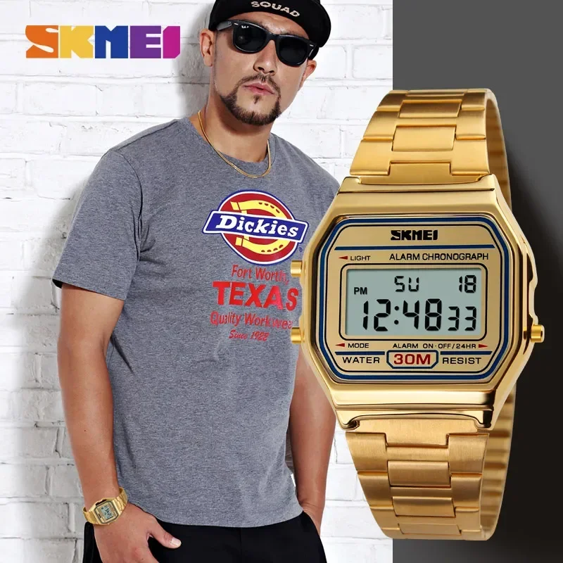 Skmei-Reloj Digital con correa de acero inoxidable para Hombre, cronógrafo con pantalla LED, 3Bar, resistente al agua, informal, deportivo, 1123