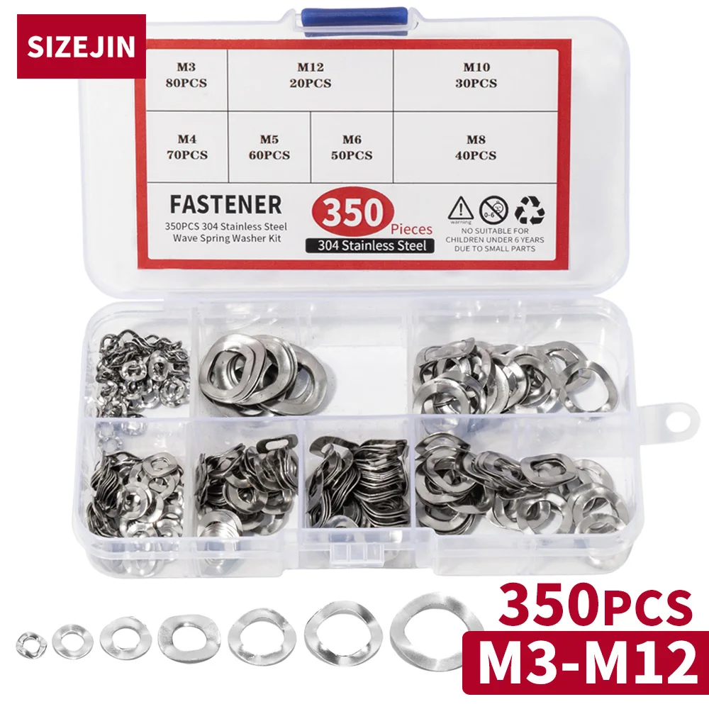 350PCS Wavy Wave Washers Set Gasket Assortment Kit M3 M4 M5 M6 M8 M10 M12 Crinkle Spring Wave