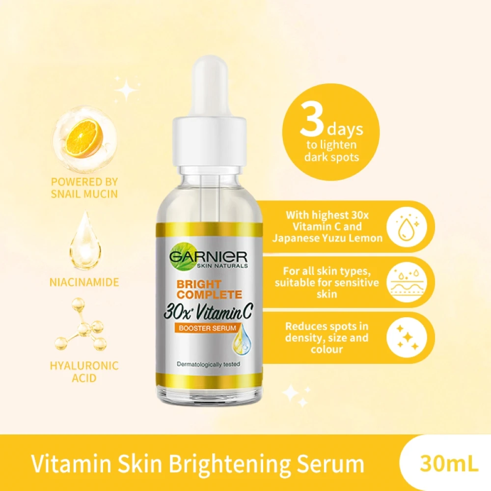 „Garnier Bright Complete“ 30 kartų vitamino C niacinamido serumas, balinantis odos toną, „Essence Fade Acne Mark“ grožio produktai, 30 ml._voghion.com