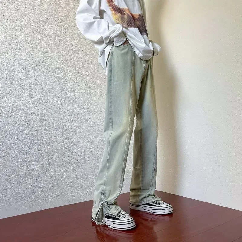 thumbnail image 1 of Pantalones con cremallera para hombre, estilo punk, vaqueros acampanados con corte acampanado para hombre, con aberturas, algodón apilado, tendencia Kpop 2024, moda Xs Harajuku, 1 of 5