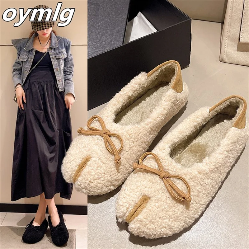 2023 Autumn and Winter New Bow Knot Plush Shoes for Women's Shallow Mouth Plush Double Wear Flat Bottom Plush Warm Cotton Shoes