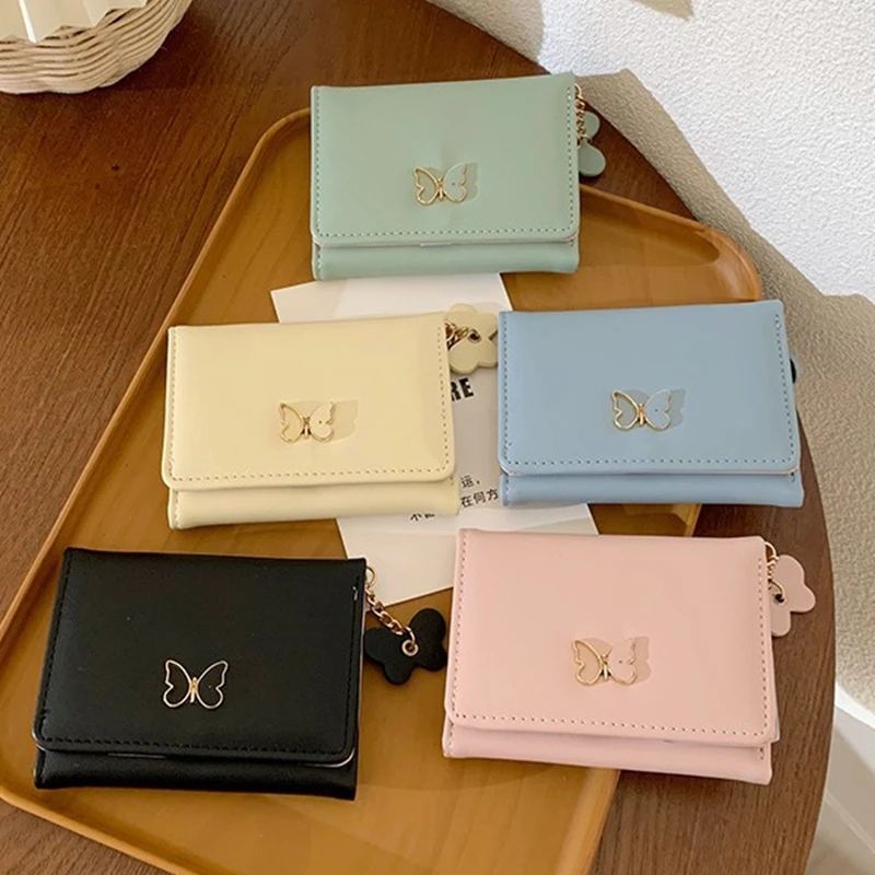 Pink Women Wallets PU Leather Female Purse Butterfly Designs Mini Solid Multi-Cards Holder Short Wallets Slim Small Wallet 3