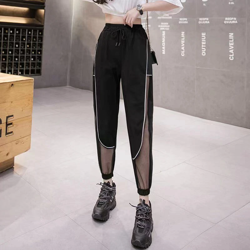 2023 Summer Women Sexy Mesh Patchwork Streetwear Thin Pants Sports Jogger High Waist Trousers Quick Drying Sweatpants Pantalones