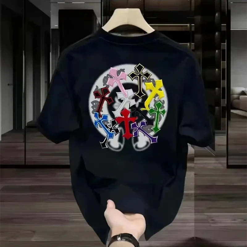 2026 Sommer Neues Herren-T-Shirt aus Reiner Baumwolle mit Digitalem Druck und Bunten Kreuzen Grafik Unisex Atmungsaktiv Harajuku Y2k Streetwear