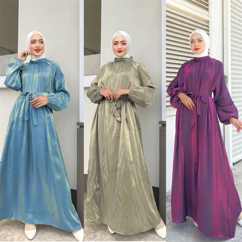 

Muslim Ramadan Abayas Dubai Turkey Middle East Long Dress Autumn Fashion Elegant Satin Female Party Robe