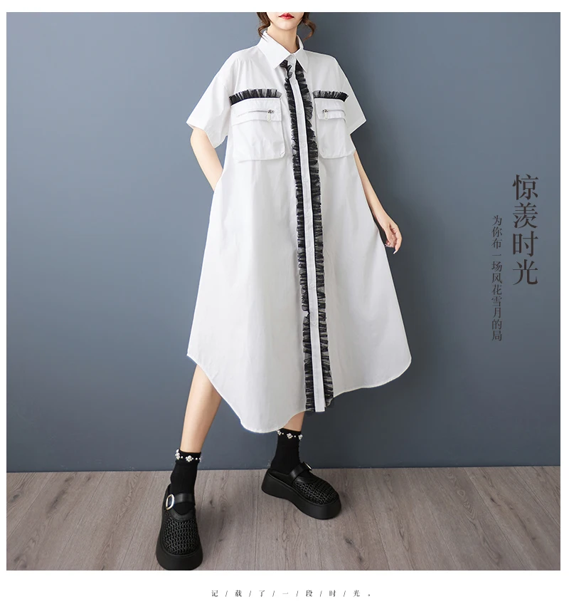 Tannt Women Dress Mesh Patchwork Color Matching Shirts Dresses Irregular Fashion Black White Summer Long Dresses 2025 New