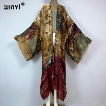 WINYI kimono new Oil print Bikini Cover-up Elegant beach outfits for women sexy cotton feeling vestidos para mujer dress kaftan 1